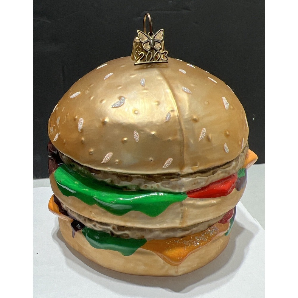 Double Cheeseburger Glass Blown Ornament 4" Tall Made in Poland 2003